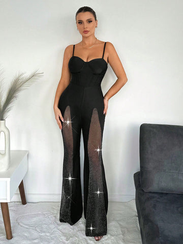 Women's Sparkly Mesh Bustier Style Jumpsuit With Patchwork Legs Sexy 
Birthday Outfit
Spring Summer Women Clothes
Bachelorette Party 
Black Sheer