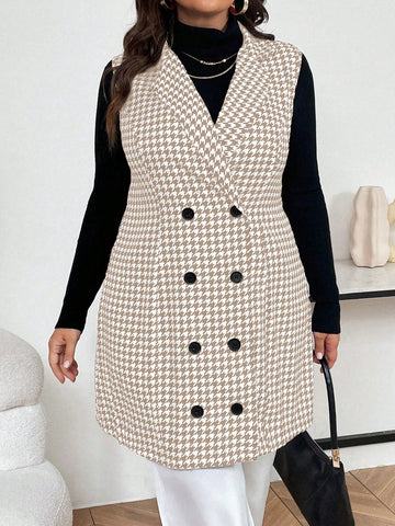 Plus Size Houndstooth Lapel Collar Double Breasted Sleeveless Blazers