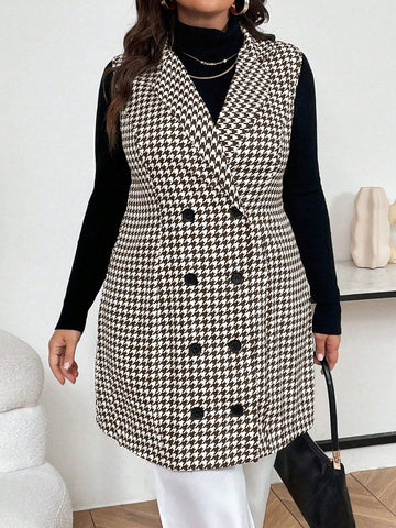 Plus Size Sleeveless Houndstooth Lapel Collar Double Breasted Blazer Coat