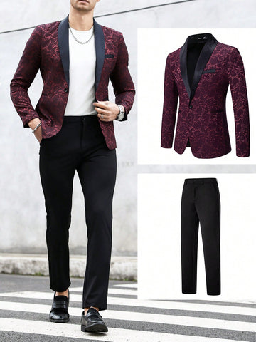 Men'S Printed Shawl Collar Suit Jacket And Solid Color Trousers Set