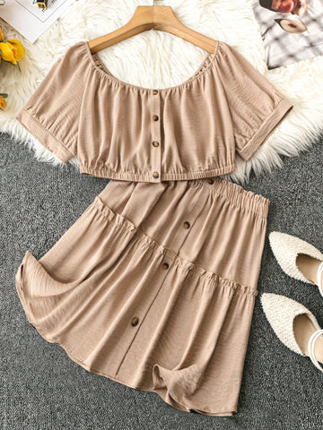 Plus Size Solid Color Button Up Pleated Top And Skirt Set