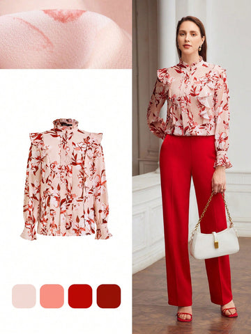 WOVEN GATHERED FLORAL PRINT BLOUSE