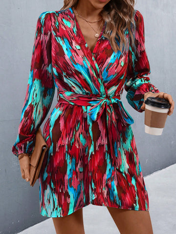 Women's V-Neck Floral Print Belted Casual Fashionable Dress