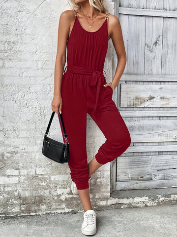 Women's Solid Color Belted Jumpsuit With Bow Decoration