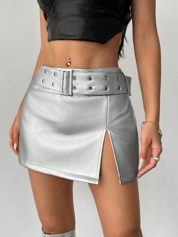 Solid Split Thigh Buckle Belted Skirt
