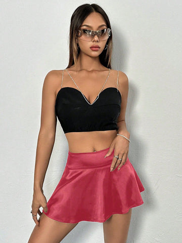 Solid Zipper Side Flare Skirt