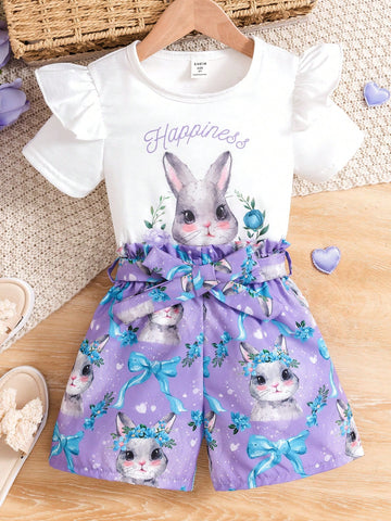 Young Girls' Cute Rabbit Print T-Shirt And Shorts Party/Holiday/Travel Set