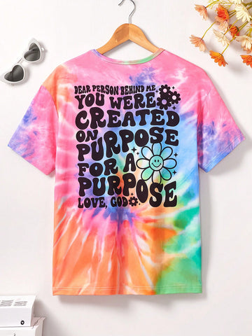 Teen Girls' Tie-Dye T-Shirt With Slogans And Cartoon Floral Prints