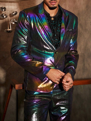 Men's Casual Knitted Lapel Neck Suit Set With Laser Holographic