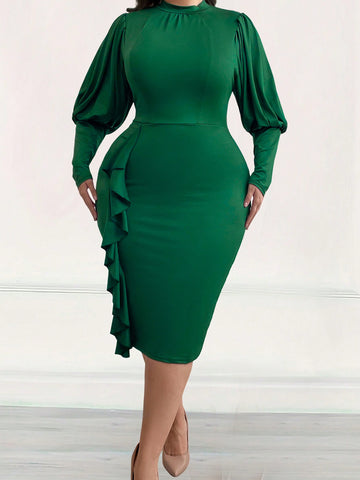 Plus Size Women's Solid Color Stand Collar Ruffle Trim Sheer Panel Leg-Of-Mutton Sleeve Dress