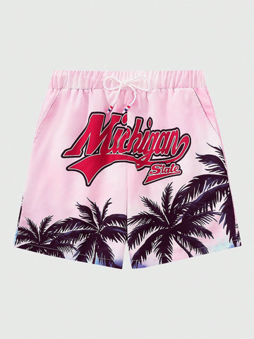 Men's Casual Palm Tree & Letter Print Beach Shorts For Spring And Summer Vacation