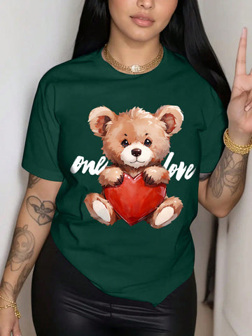 Plus Size Heart Shaped & Bear & Letter Print T-Shirt