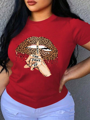 Plus Size Women's Leopard Print Lips & Letter Printed Short Sleeve T-Shirt