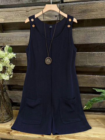 Rural Vacation Style Sleeveless Blue Jumpsuit With Buttons And Pockets For Women