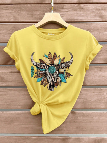 Bull Head & Sunflower Printed T-Shirt