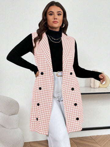 Plus Size Women's Sleeveless Houndstooth Blazer With Double Breasted Buttons