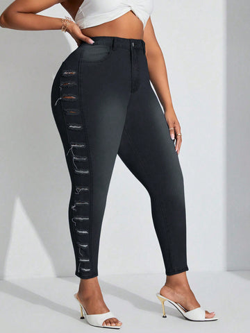Plus Size Women's Skinny Jeans With Ripped Details, Stretchy And Sexy