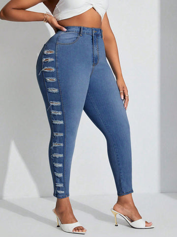 Plus Size Versatile Sexy Distressed Skinny Jeans With Narrow Feet