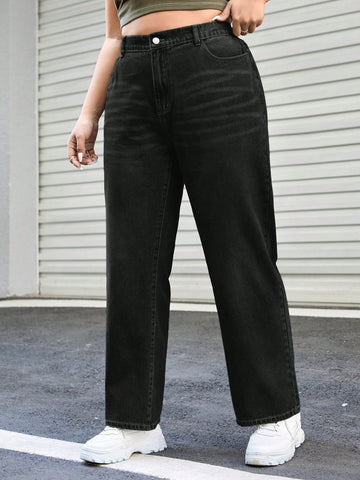 Plus Size Cat Whisker Design Slant Pocket Straight-Leg Jeans