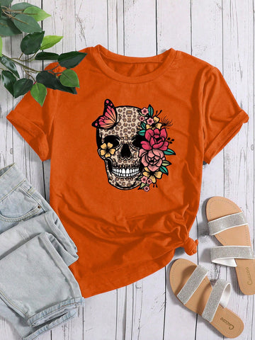 Skull, Flower & Butterfly Printed T-Shirt