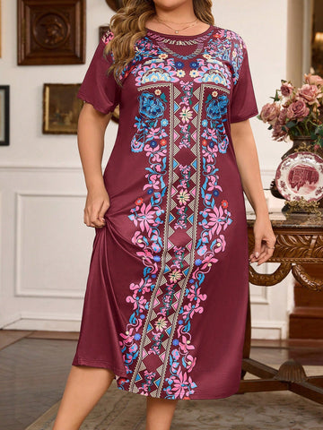 Plus Size Floral Pattern Short Sleeve Sleep Dress With Round Neck