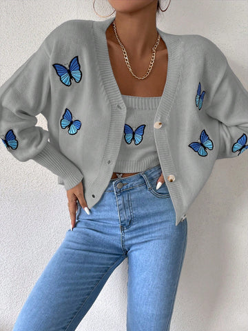 Butterfly Embroidery Knitted Cami Top And Cardigan