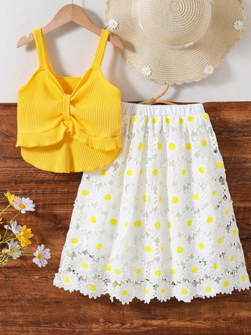 Tween Girls' Daisy Embroidered Camisole Top And Skirt Set For Holiday