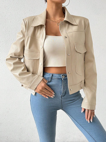 Solid Color Button-Front Long Sleeve Jacket With Flap Pockets