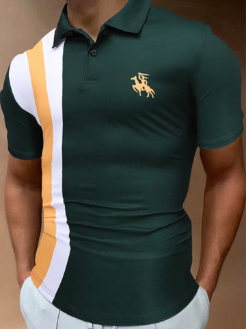 Men's Horse Rider Pattern Striped Short Sleeve Polo Shirt