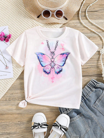 Butterfly Print Round Neck Short Sleeve Casual T-Shirt For Young Girls