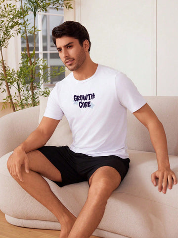 Men's Letter Printed Top & Solid Color Shorts Homewear Set