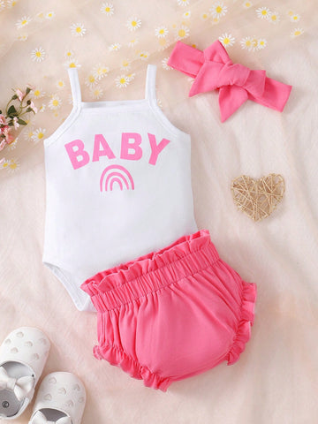 Infant Baby Basic Printed Tank Top With Solid Color Lace Trim Shorts Set