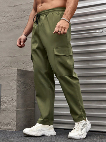 Men's Solid Color Drawstring Cargo Pants With Pockets, Suitable For Spring And Summer