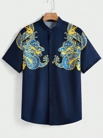 Men's Dragon Print Woven Casual Shirt