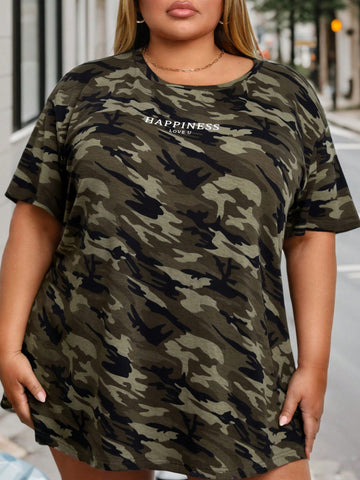 Plus Size Camouflage Letter Printed T-Shirt