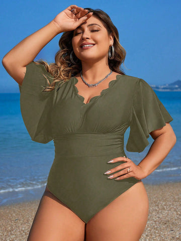 Plus Size Solid Color One-Piece Swimsuit With Scallop Trim