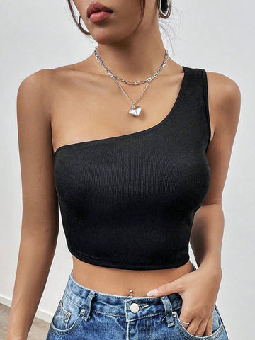 One Shoulder Sleeveless Ribbed Knit Top