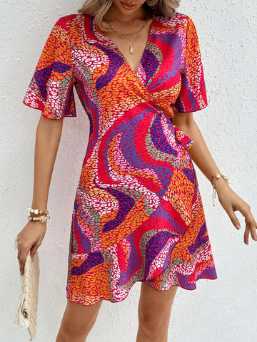 Women's Fashionable Irregular Printed Wrap-Over Dress