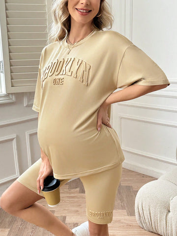 Maternity 2pcs/Set Letter Print Round Neck Short Sleeve T-Shirt And Shorts, Suitable For Summer