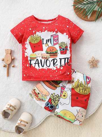 Fashionable And Cute Baby Girl's Casual French Fries Cartoon Letter Print Round Neck Short Sleeve Top And Shorts Set For Daily Wear Clothing In Summer