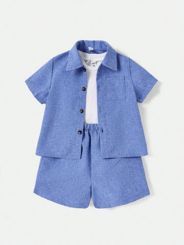 Baby Boy Solid Color Turn-Down Collar Casual Shirt And Shorts Set
