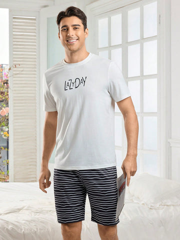 Men's 2pcs/Set Letter Printed Short Sleeve Striped Shorts Homewear Set