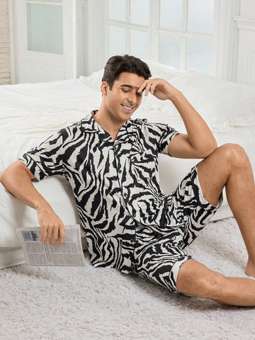 Full Printed Button Front Short Sleeve Shirt And Shorts Set, Homewear