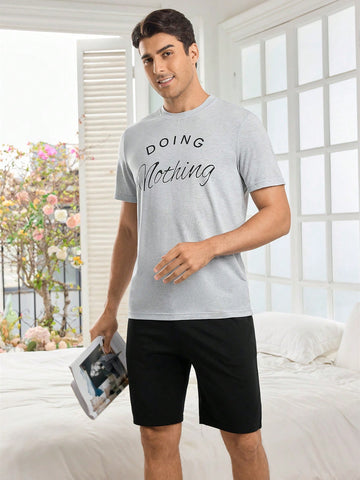 Men's Simple Printed Solid Color Short Sleeve T-Shirt And Shorts Set, Homewear