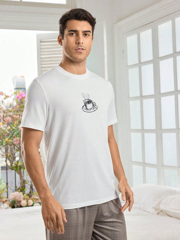 Men's Round Neck Short Sleeve Homewear Top With Coffee Cup Pattern