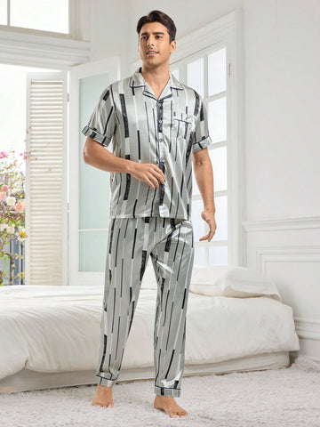 Contrast Trim Striped Short Sleeve Long Home Wear Set