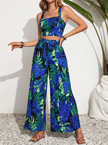 Women's Tropical Plant Printed Short Tank Top And Wide Leg Pants Two Piece Set For Summer Vacation