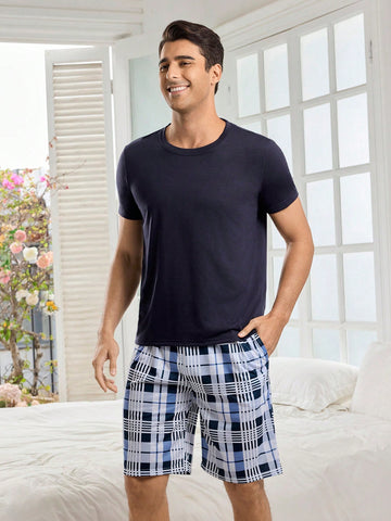 Solid Color Short Sleeve Plaid Shorts Men's Home Wear Set