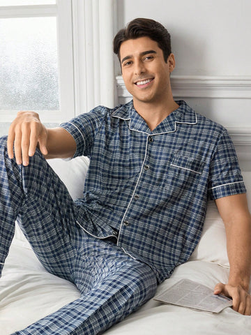Men's Plaid Short Sleeve Long Pants Homewear Set