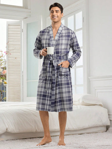 Men's Comfortable Plaid Long Sleeve Bathrobe For Home